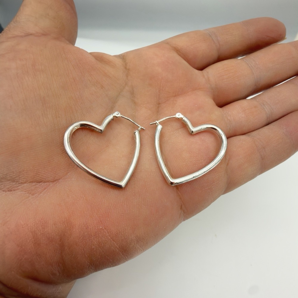 Vtg Designer Sterling Silver Vintage Heart Hoop Earrings Signed JMC
